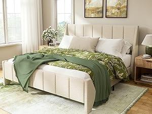Yechen Boucle Wingback Full Bed Frame, Ivory Upholstered Platform Bed with Enclosed Footboard | Vertical Channel Tufting | Easy Assembly & Noise-Free | No Box Spring Needed