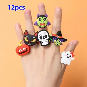 Random Silicone Ring, 12pcs/set Cute Cartoon Ghost & Cat & Pumpkin Design Ring, Creative Party Decoration Supplies for Home, Halloween