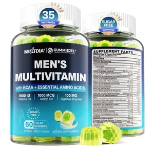 Methylated Multivitamin for Men Gummies, BCAA Amino Acids, Zinc, Daily Vitamin A C D3 E K2 B Complex, Calcium, Magnesium, Lycopene, Digestive Enzymes - Energy, Immune, Muscle- Sugar Free, Vegan, 60Cts