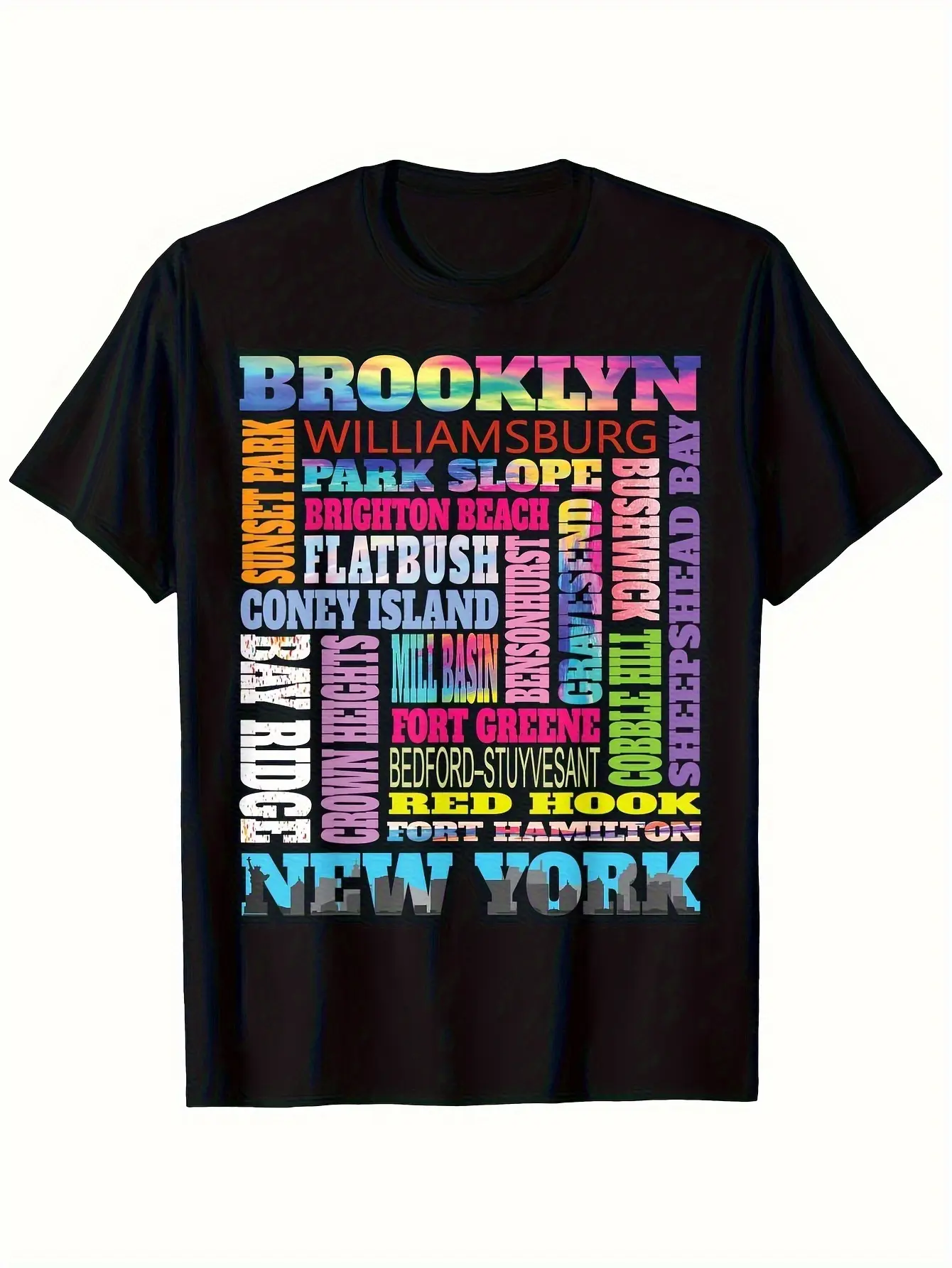 Men's Brooklyn Neighborhoods Graphic T-Shirt - Black with Williamsburg, Bushwick, Prospect Park & All 18 Boroughs (Brooklyn, Queens, Manhattan, Staten Island, Long Island, Nassau) - Loose Fit Casual Shirt for NYC Locals, Urban Streetwear, Bklyn Pride Gift