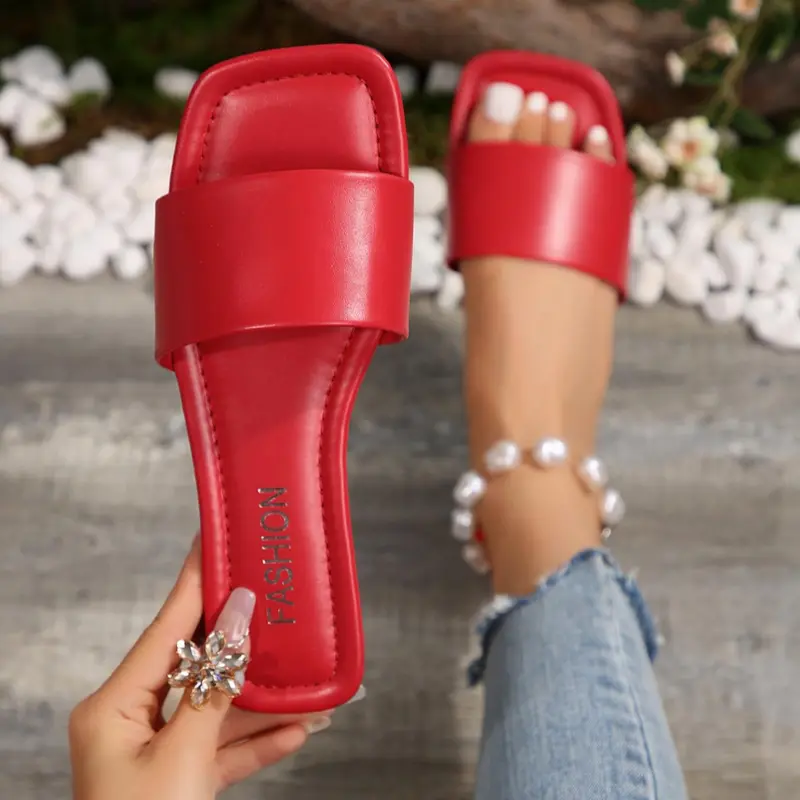 Women's Flat Sandals, Square Toe Solid Color Casual Summer Shoes, PU Leather Sandals, Elegant Fashionable Sandals, Summer Style Sandals, Ideal for Vacation Wear, Comfortable Easy Slip On, All Seasons Slide Sandals