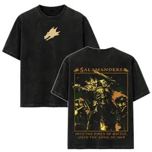 Warhammer 40K Salamanders Washed Tee – Space Marine Chapter Vintage Heavy Cotton Oversized T-Shirt, Double Printed Grimdark Warhammer Graphic, Retro Streetwear Gift for Fans US Style