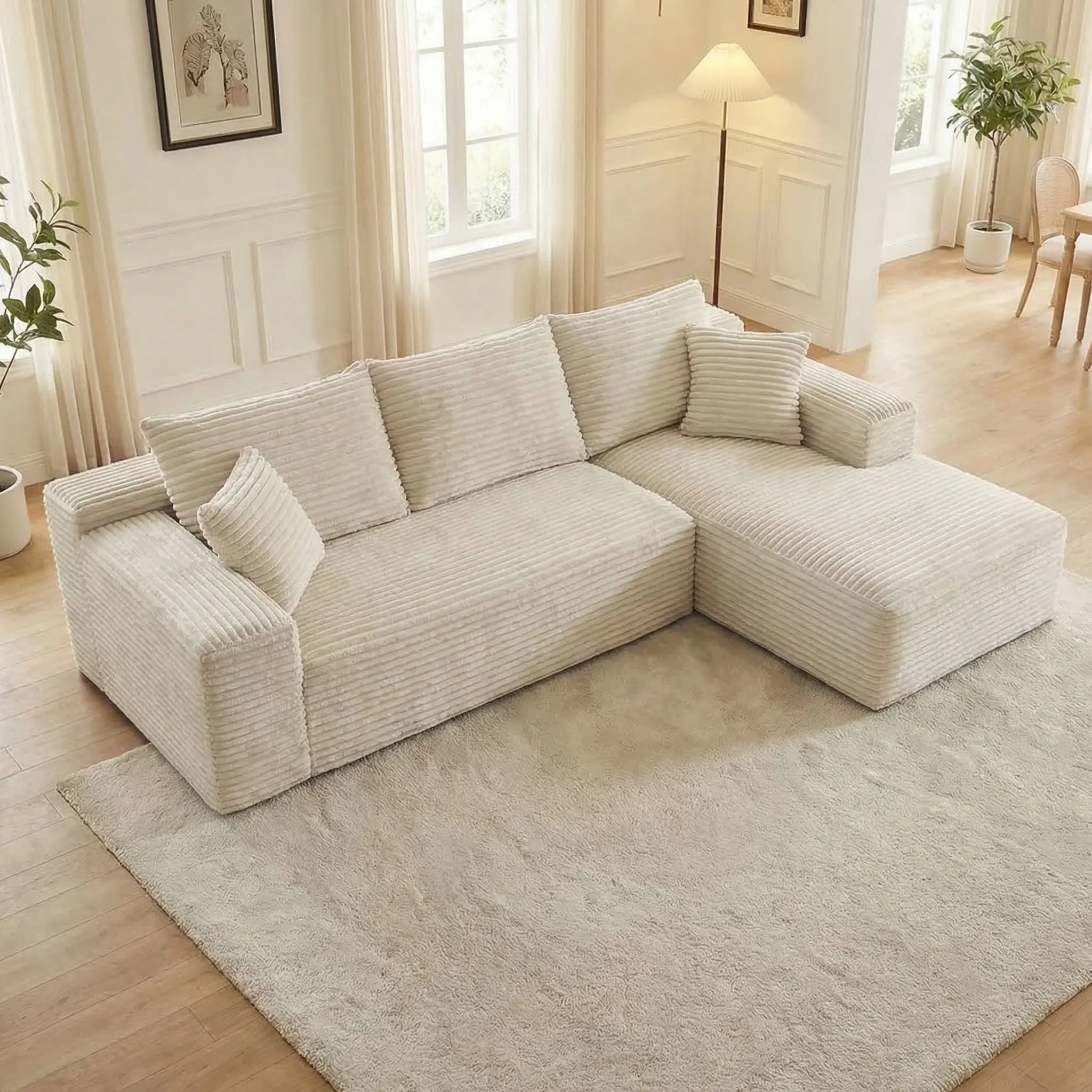 【2 Packages Shipping】105.9" Oversized Chaise Lounge Sofa Cloud Sectional Couch with L-Shape Chaise Upholstered Corduroy Velvet for Living Room & Bedroom