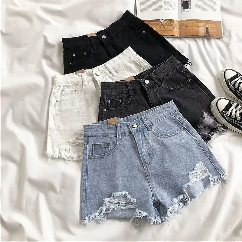 Women's High Waisted Wide Leg Denim Bottoms - Ripped Distressed Style, Soft Micro-Elastic Cotton Blend, Comfortable Loose Fit, Button Closure, Breathable Multi-Size (Incl 2XL) for Summer
