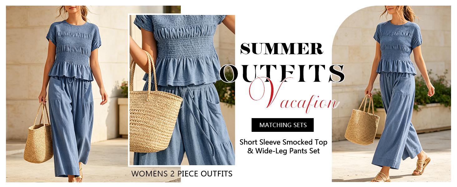 SCUSTY Women's 2-Piece Smocked Top and Wide-Leg Pants Set High-Waisted Lounge Outfit with Pockets Casual Boho Summervibes Matching Set Minimalist Basic Kleinblue Crewneck Clothes Suits Fitted Trouser SCUSTY Women's 2-Piece Smocked Top and Wide-Leg Pants Set High-Waisted Lounge Outfit with Pockets Casual Boho Summervibes Matching Set Minimalist Basic Kleinblue Crewneck Clothes Suits Fitted Trouser