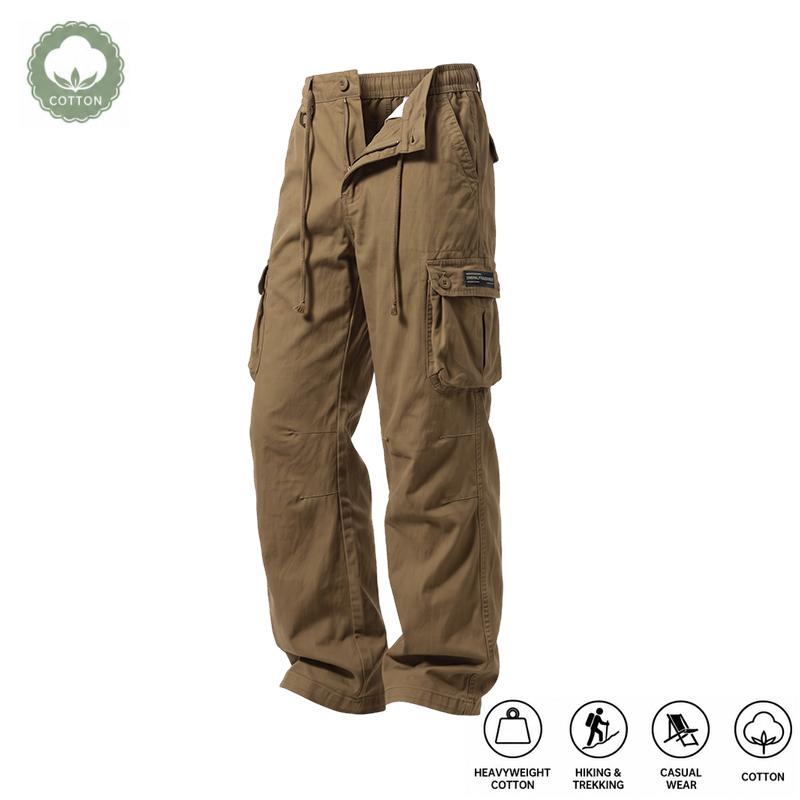 Men's Classic American-Style Heavy Cotton Cargo Pants - Mid Waist, Plain, Loose Cut, Durable, Breathable, Non-Overheating, Multi-Pocket, Button-Closure Trousers with Cuffed Hem for Hiking, Commuting
