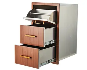 Outdoor kitchen drawers, 43cm wide x 76cm high x 53cm deep, three recessed drawers for barbecue with stainless steel handle, paper towel holder for barbecue island, patio grill station, golden grapefruit color