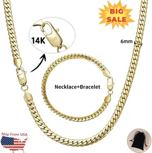 【Necklace+Bracelet】14K Gold-Plated Whip Cuban Link Chain Necklace & Bracelet Set 6mm Width Hip Hop Jewelry Gift for Men Women 7.5/8.5/16/18/20/24 Inches