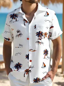 Men's Regular Fit Tropical Print Graphic Short Sleeve Shirt, Casual Outdoor Button Up Top for Summer, Fashion Men's Beachy Clothes for Beach Vacation, Hawaiian Beach Menswear