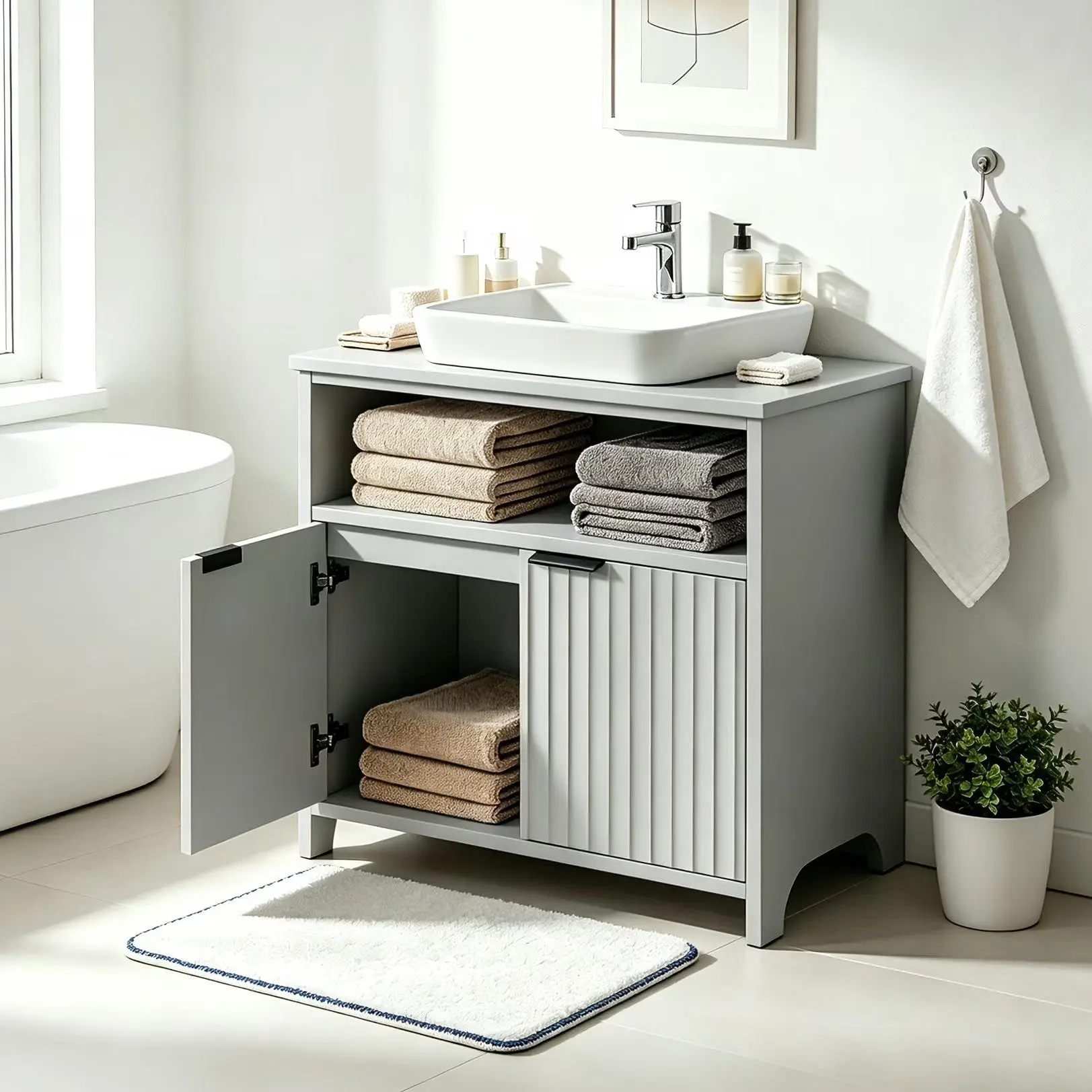 Ktaxon Gray Fluted Bathroom Pedestal Cabinet - Under-Sink Storage with 2 Doors and 1 Shelf