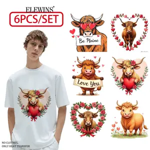 6 Valentine's Day Highland Cow gold foil transfers, suitable for DTF transfer to achieve gold foil effect. Perfect for T-shirts, hoodies, jeans, backpacks, and pillows. Made from machine-washable plastic, a great gift idea for the holiday.