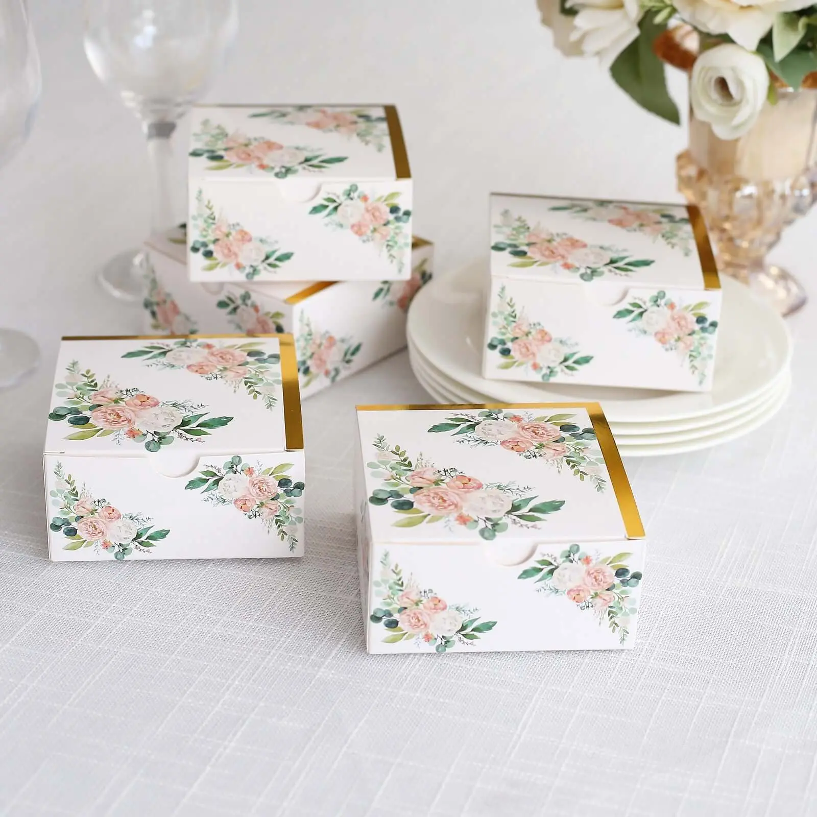 25-Pack White & Pink Peony Print Cardstock Party Favor Boxes with Gold Edge, 4"x4"x2" Wedding Reception Christmas Gift Boxes