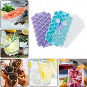 2 Pack 37 Grid Honeycomb Silicone Ice Cube Tray with Lid Easy Release BPA Free Flexible Stackable Reusable Ice Mold Maker for Whiskey Cocktails Iced Coffee Summer Drinks Home Bar Parties Camping Travel Essential Ice Cube Maker Ice Tray Ice Freezer Tray
