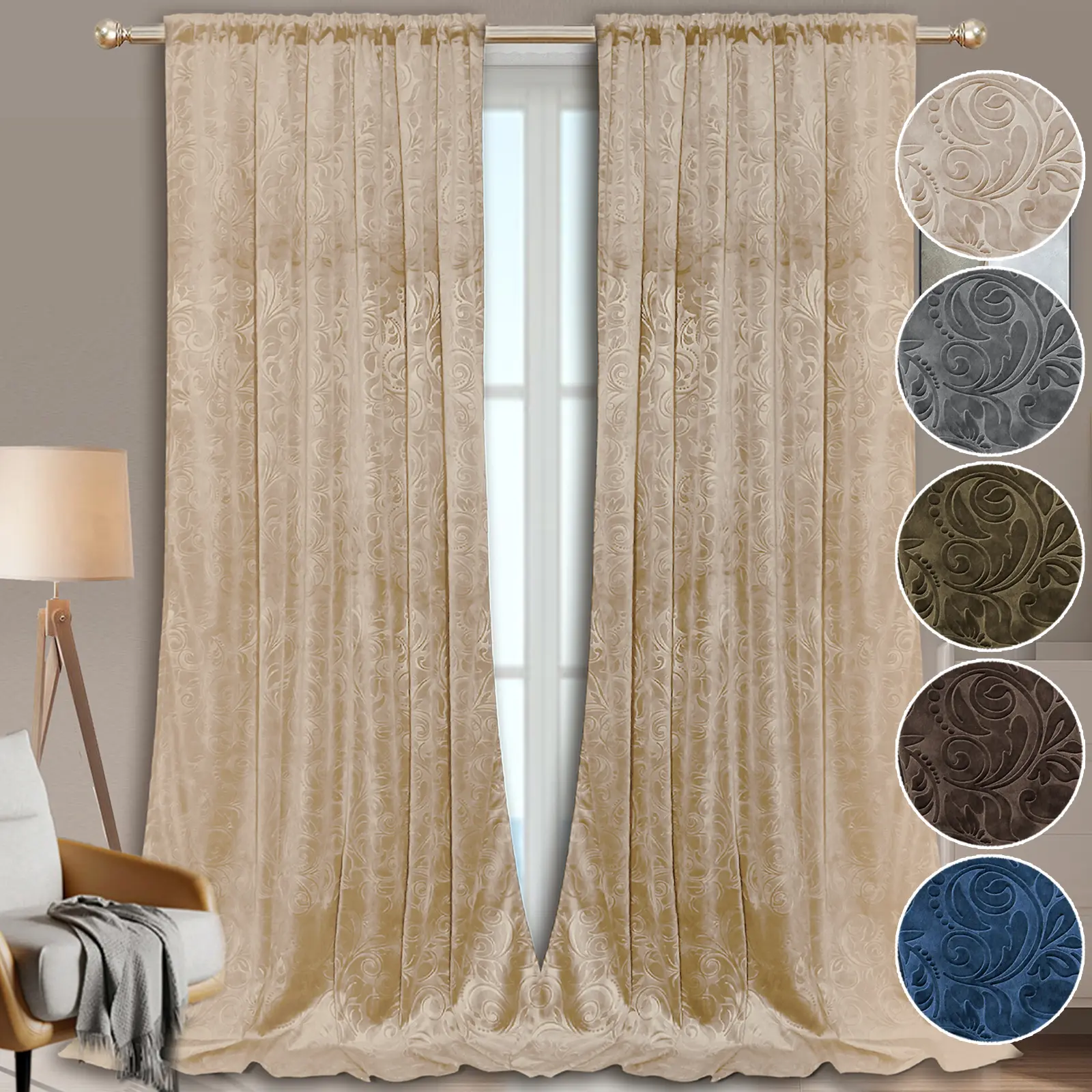 BTTO 2-Panel Glam Thick Velvet Floral Damask Darkening Heavy Curtains - Thermal Insulated Rod Pocket Drape with Back Tap, Clip Pleat, Hook & Pin Hook Headings, Home Textile Interior Decoration Accessories for Living Room, Dens, Adds Soft Drama to Bedrooms