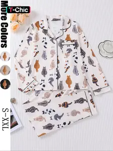 Women's Cute Cat Print Pajama Set, Long Sleeve Lapel Top & Elastic Pants, Comfortable Fall Winter Sleepwear, Casual Home Wear