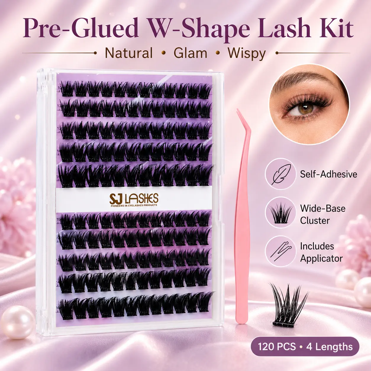 SJ LASHES Self Adhesive Lash Clusters, W-Shape Wide Base No Glue Press On Lashes, 120 PCS Natural Glam Wispy False Eyelashes with Applicator, 10-16mm DIY Lash Kit