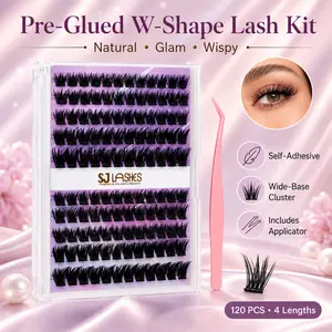 SJ LASHES Self Adhesive Lash Clusters, W-Shape Wide Base No Glue Press On Lashes, 120 PCS Natural Glam Wispy False Eyelashes with Applicator, 10-16mm DIY Lash Kit