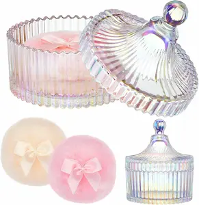 Ultra Soft Velvet Powder Puff & Crystal Glass Jar Set 3.54" Diameter for Body Makeup Amber Color Washable Reusable Dusting Puff with Elegant ContainerGlass Jar Can Store Jewelry, Candy, Watches and More, Perfect Elegant Gift