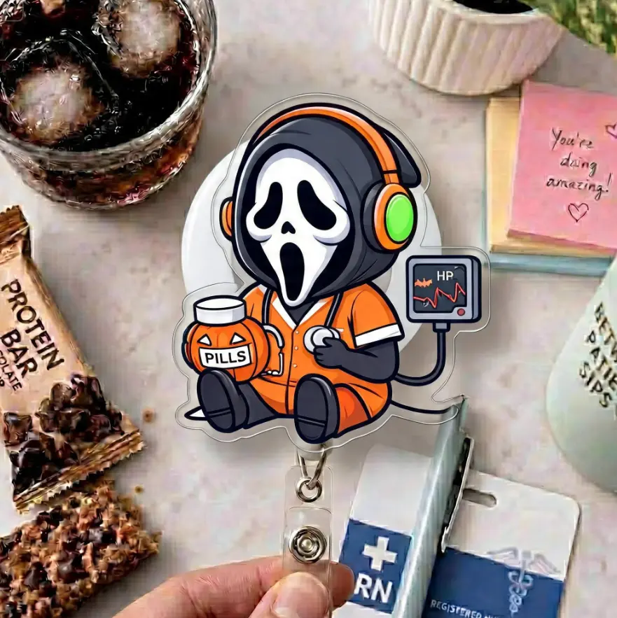 Spooky Horror Style Nurse Ghost Face Badge Reel, Cute Masked Character Retractable ID Holder, Halloween RN Badge Clip Gift