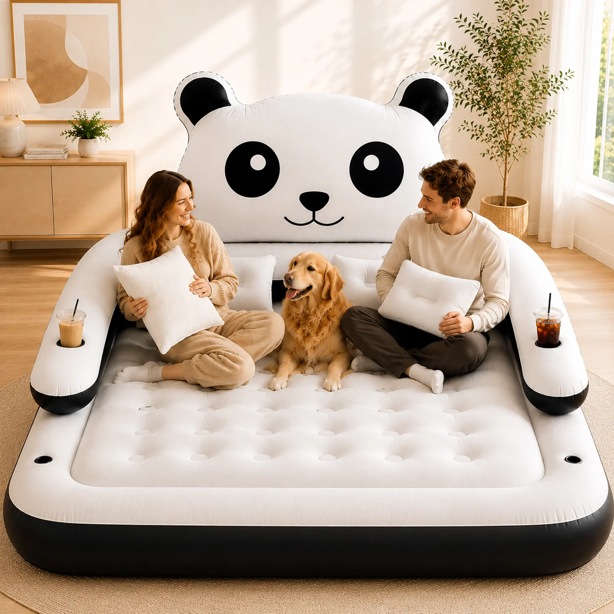 Giant Panda Air Mattress Queen Mattress, Inflatable Mattress with Panda Headrest, Built-In Cup Holders & Pillows, Soft Flocked Blow Up Couch for Movie Nights, Gaming, Sleepovers, Family Fun