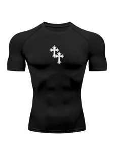 Men's Compression Shirt - Creative Cross Print, Round Neck, Fast-Drying Breathable Moisture-Wicking Fabric, Slim Fit for Gym, Running, Boyfriend Gift