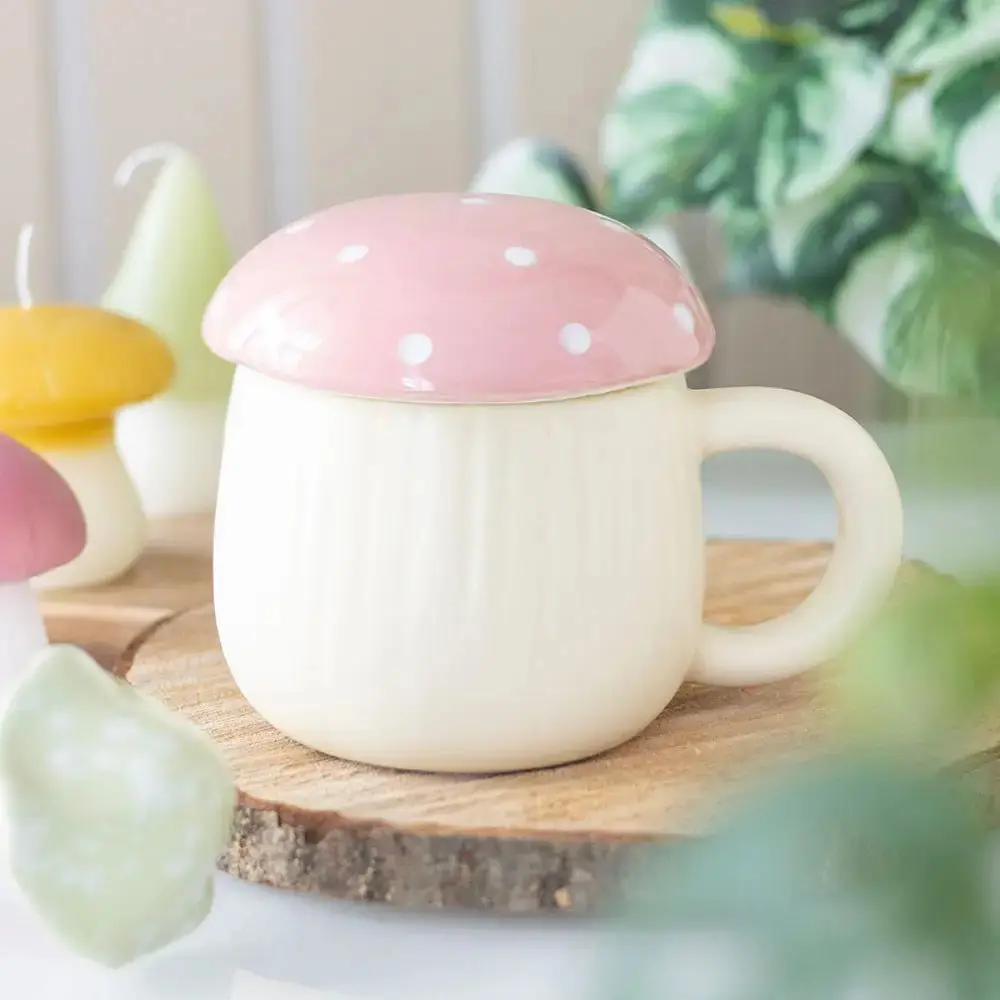 Novelty 350ml Pink Mushroom-Shaped Ceramic Mug, Reusable Handwash-Only Woodland Kitchen Drinkware for Hot Coffee, Hot Drinks
