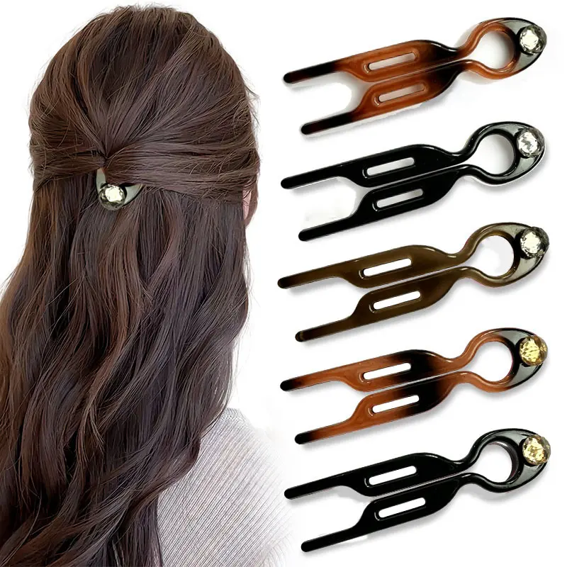 Rhinestone U Shaped Hair Fork, Viral Mini Fish Shaped Hair Pin, Glossy Acrylic Bun Updo Hair Stick, Minimalist Daily Hair Barrette For Women Thin Medium Hair Casual Office Hairstyle Accessory Gift