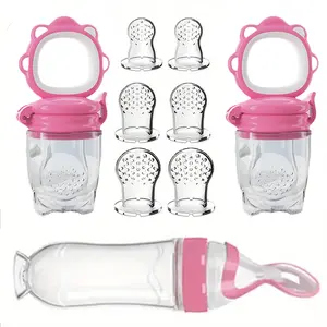 Baby Feeding Set Includes Silicone Bottle with Rice Spoon, 2 Fruit Veggie Feeders, 6 Nipples in 3 Sizes, Complete Baby Feeding Kit, Silicone Utensil