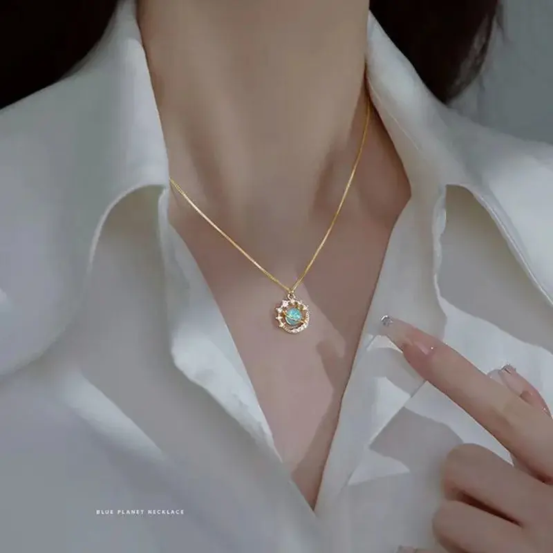 "Celestial Elegance: Saturn & Mercury Necklace with Opalite Globe – A Stellar Gift for Astronomy Lovers"