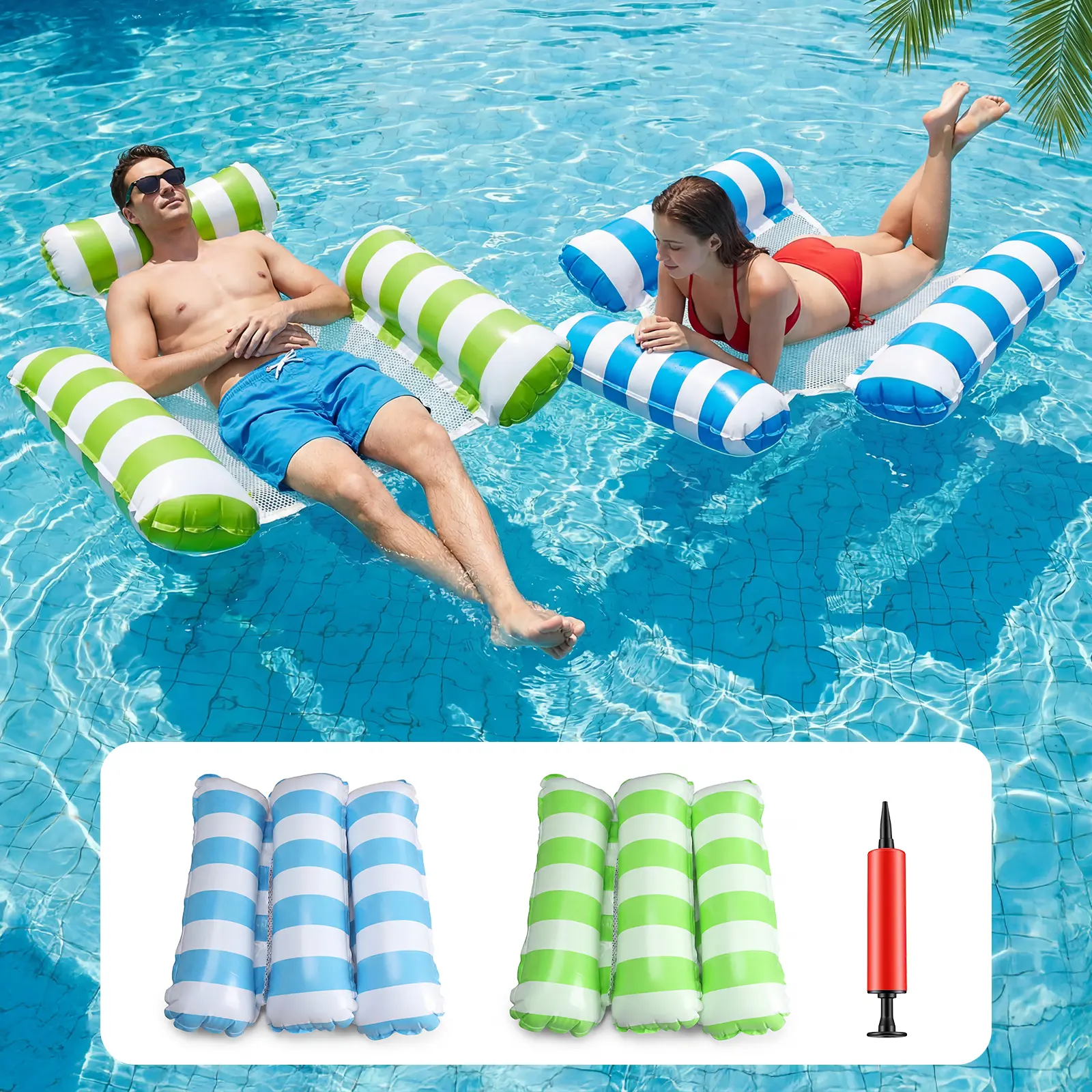 2-Pack Heavy Duty Adult Inflatable Pool Floats - 4-in-1 Multi-Use Chair Hammock with Non-Stick PVC, Mesh Seat, 47×39in Comfortable Design, Sports Water Fun Airbeds for Backyard Pools, Beach Trips