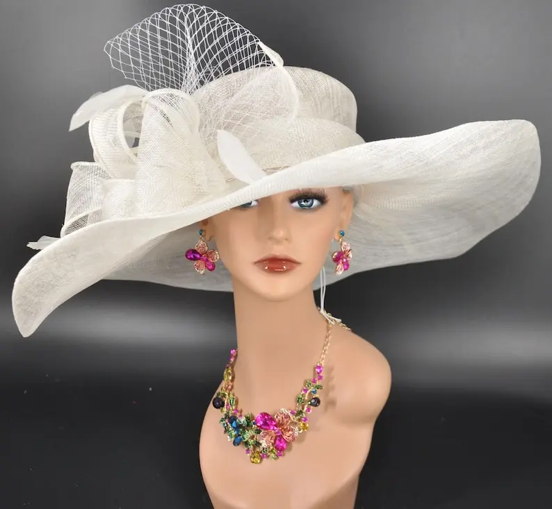 Oaks Day Hat - White Church Hat with Wide Brim, Elegant Design for Weddings, Easter, Tea Parties & Carriage Events