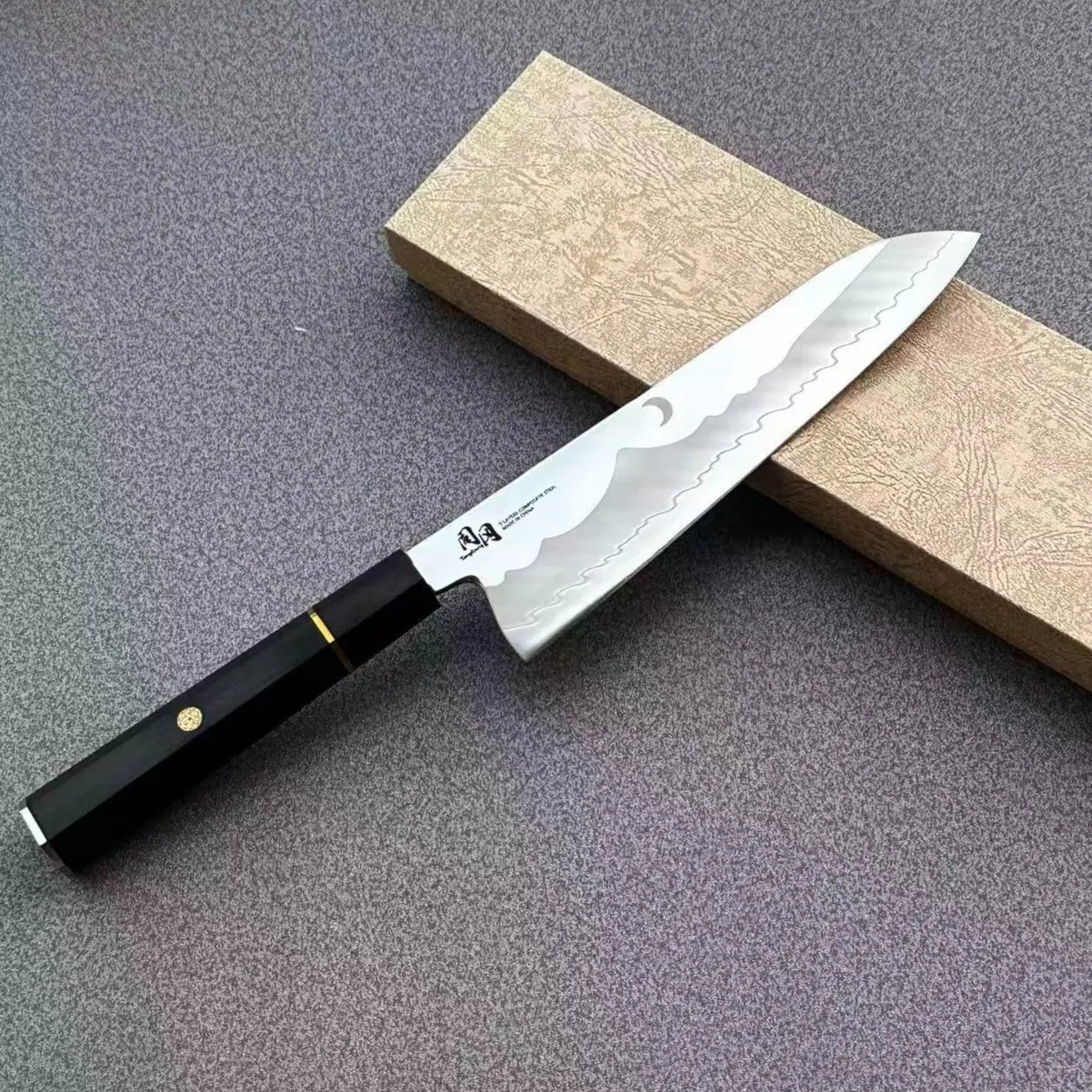 TONG GANG 7" Santoku Knife, 10Cr15CoMoV 7-Layers Composite Steel Cooking Knife, Kitchenware with Ebony Wood Handle Cutting Wooden knives kitchen set