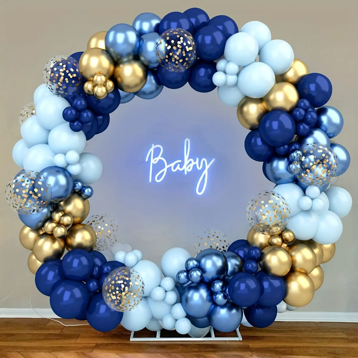 122pcs Gold Blue Balloon Arch Decorations Kit with Backdrop - No-Power DIY Balloon Decor, Ideal for Birthday Party, Baby Shower