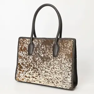 ADBGM301 Speckled Cowhide Leather Tote - Structured Western Handbag with Braided Trim & Smooth Dark Leather Handles for Work