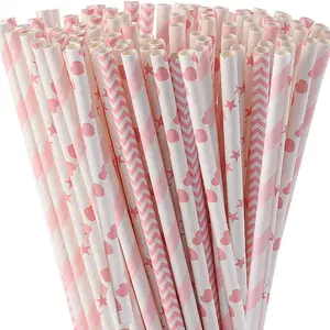 100 Disposable Eco-Friendly Paper Straws, Heart Wave Stripe Star Patterns, Perfect for Birthday Parties Weddings Festivals