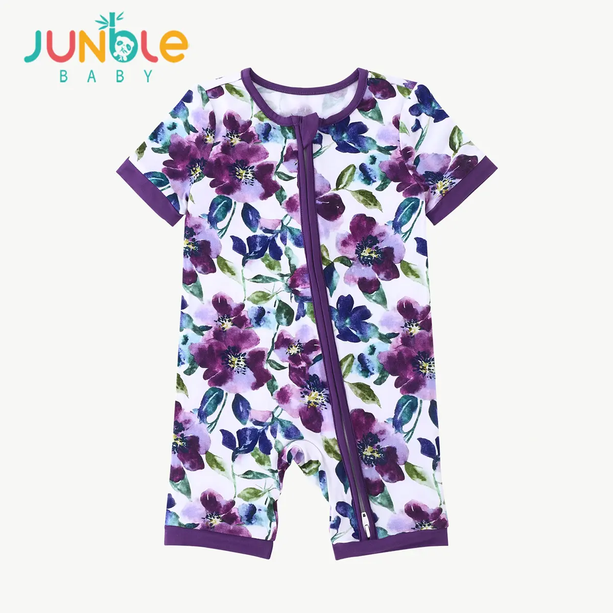 JUNBLEBABY Unisex 95% Bamboo Viscose Baby Bodysuit - 2-Way Zipper, Super Soft, Purple Large Flower Print, Newborn-Toddler Sleepwear, Bamboo Onesies, Baby Clothing, Newborn Baby