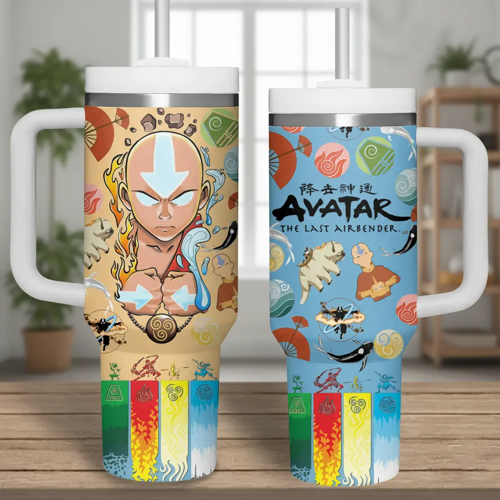40oz Avatar: The Last Airbender Stainless Tumbler - Aang Cartoon Character Metal Mug with Handle, Water-Fire-Earth-Air Elements Thermal Mug, Insulated Tumbler with Straw, Anime Fan Gift