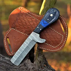 8" Handmade Damascus Bull Cutter Knife for Cowboy with Leather Sheath- Handcrafted Fixed Blade Hunting Knife for Precision Cutting