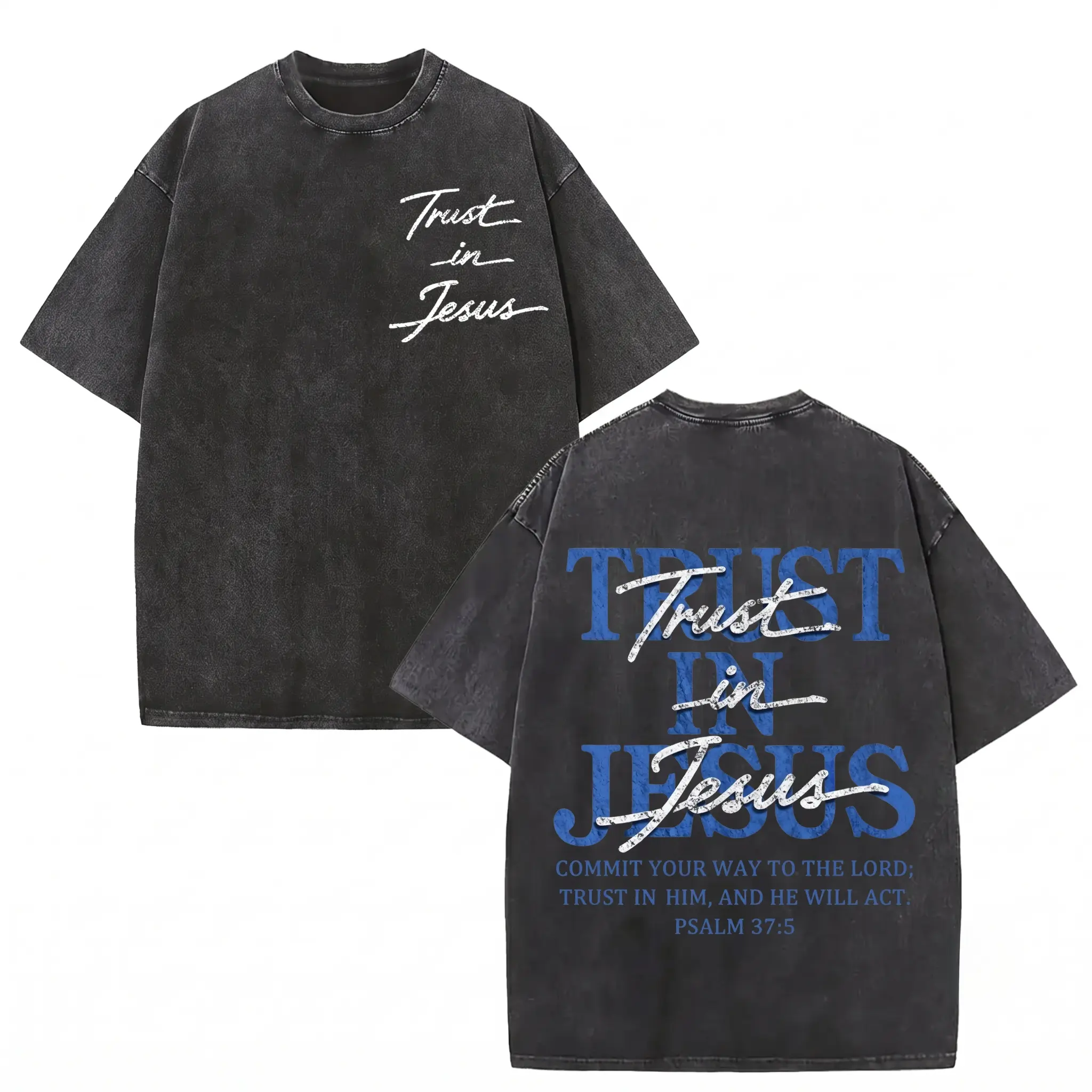 Christian Washed Oversized Tee, "Trust in Jesus" Psalm 37:5 Bible Verse Design, Faith-Based Gift for Men & Women Fashion Short Sleeve Tee Distressed top,Heavyweight tee,Gothic streetwear,Grunge aesthetic,Y2K retro,Harajuku style, streetwear,Graphic te
