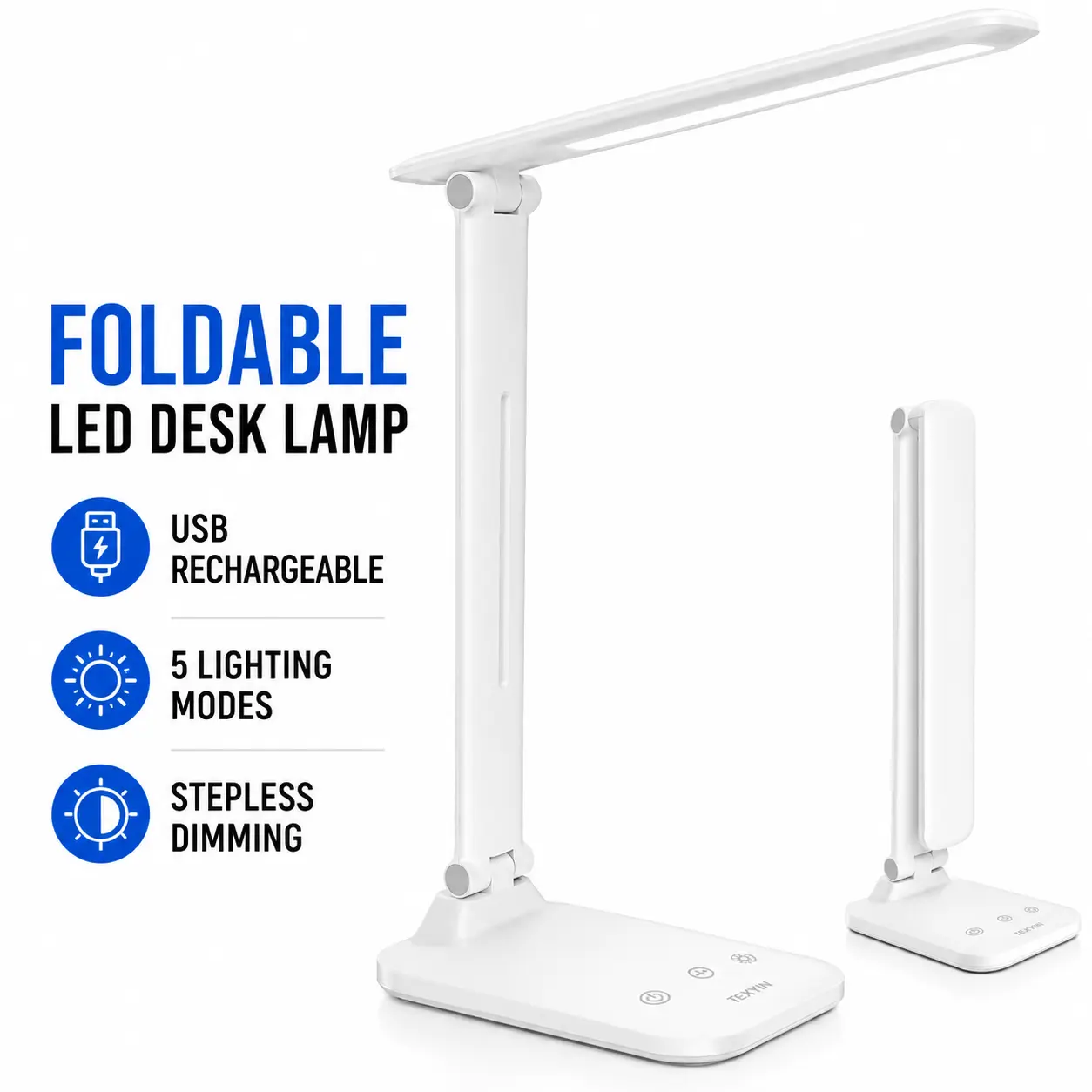 Rechargeable LED Desk Lamp, 5 Light Modes & Stepless Dimming, Foldable Portable Light, Back-to-School Supplies for Studying, Reading & Dorm Use