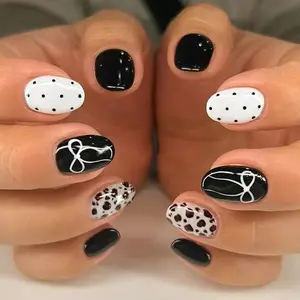24pcs Leopard Print Bow Polka Dot Short Oval Fake Nails, Glossy Finish, Nail Tips Art, Spring Summer Wear, Cute for Women and Girls, Includes Jelly Glue