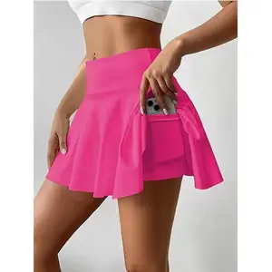 Women's 2-in-1 High-Waisted Sports Skirt, Flowing and Playful Short Skirt, Fitness Skirt, Multi-Functional Elastic Flared Casual Mini Skirt, Solid Color Pocket Design, Fitness Sports Skirt, Women's Sportswear, High-Waisted Skirt, Solid Color Skirt
