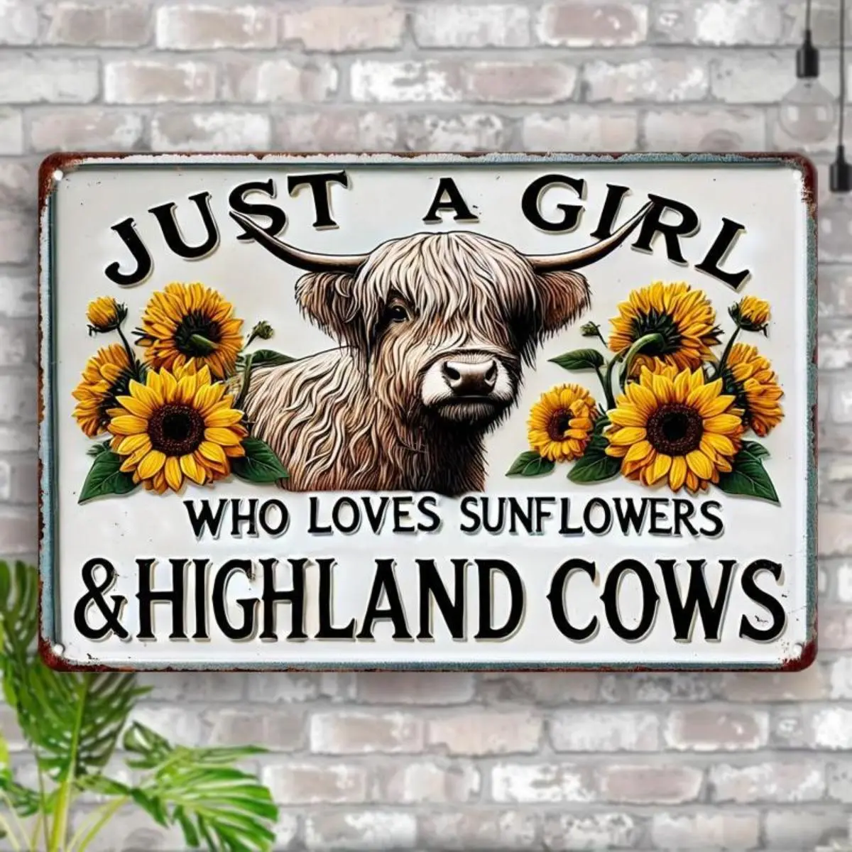 Vintage Highland Cow & Sunflower Pattern Wall Sign, Just a Girl Who Loves Sunflowers & Highland Cows Wall Decor, Wall Art for Home, Bar, Cafe, Garage, Vintage Garage Signs, Vintage Metal Sign, Home Decor Products