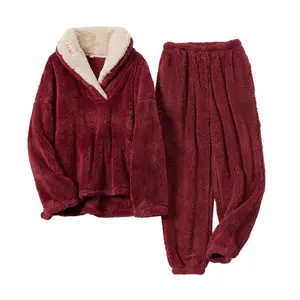 Womens Fluffy Pajamas Set Fleece Pullover Pants Oversized Plush Sleepwear
