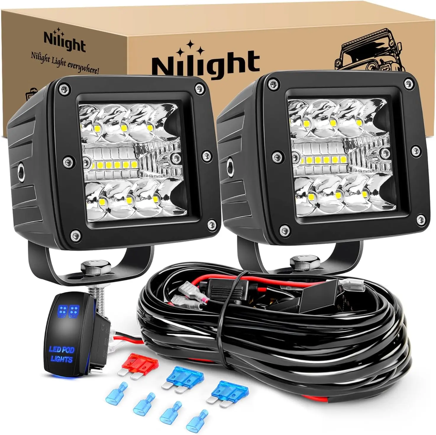 Nilight 2Pcs 3In Fog Lights - 42W Aluminum Cube Off-Road Car Driving Lights, Upgraded Spot-Flood Combo, 12V 5Pin Rocker Switch Wiring Harness Kit with 2 Leads, Easy-Install Bright Automotive Accessories, Fog Light