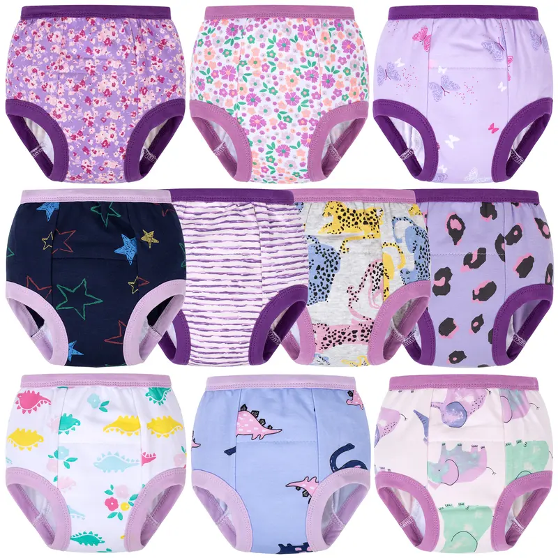 BIG ELEPHANT 10-Pack Girls Training Pants, Floral, Star and Animal Print Cotton Potty Training Underwear, Pull Up, Soft Breathable, Washable, Reusable, 12M-9Y