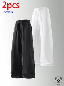 2-pack men’s pure cotton long pants: loose straight casual pants and sweatpants, featuring a drawstring waistband design. Available in multiple colors. Suitable for home lounging, daily commuting, outdoor walks, short trips, camping, and other casual acti