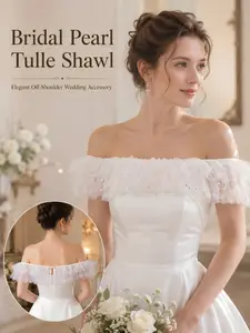 Elegant White Tulle Wedding Shoulder Wrap, Pearl & Rhinestone Beaded Ruffled Off Shoulder Shawl, Adjustable Bow Tie Cape, Luxurious Bridal Accessory for Bride Wedding Photoshoot