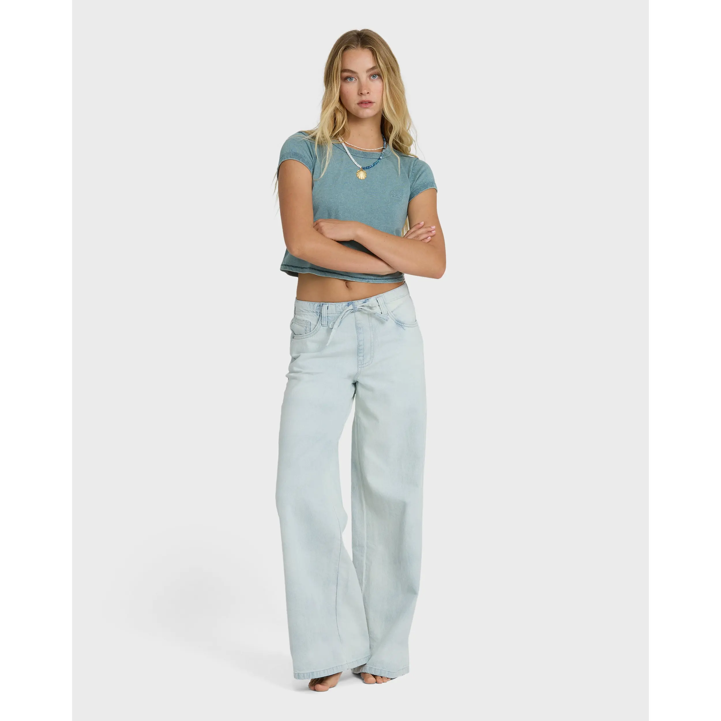 BILLABONG Women's Jade Saltwashed Elastic Waist Pants, 100% Cotton Mid Rise Wide Leg Denim Trousers, Casual Surf Daily Wear