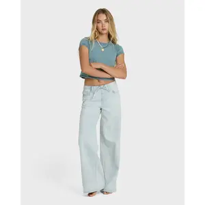 BILLABONG Women's Jade Saltwashed Elastic Waist Pants, 100% Cotton Mid Rise Wide Leg Denim Trousers, Casual Surf Daily Wear